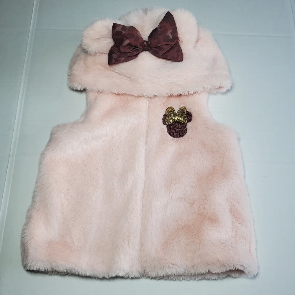 DISNEY Toddler Girls Minnie Mouse Ear Hooded Zip Up Faux Fur Vest Size 18M